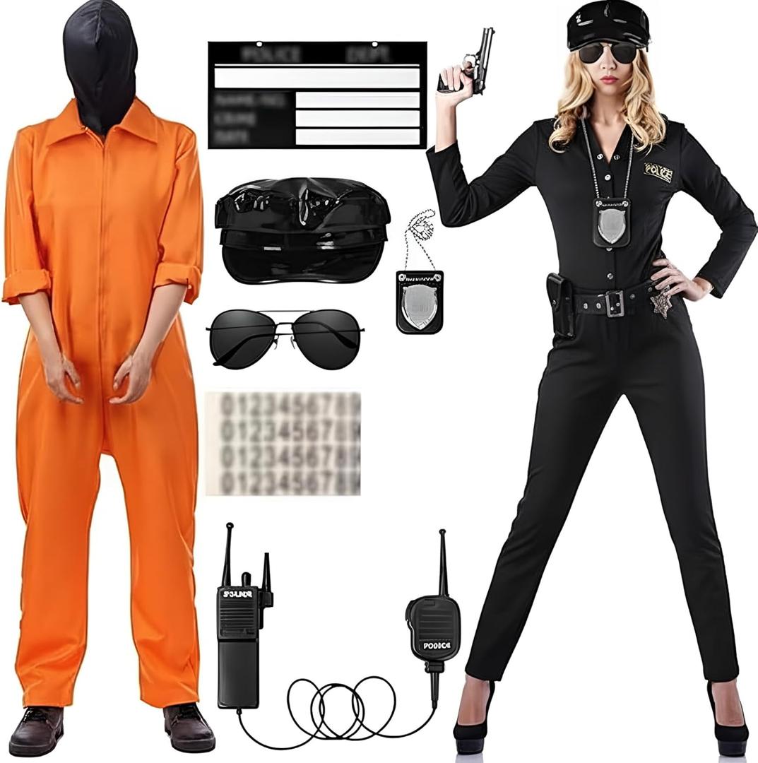 Mepase Halloween Couple Costume Orange Jumpsuit Costume Inmate Outfit Police Accessories Jail Criminal Uniform Adult (Small)