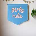 Girls Rule Mini Hanging Felt Banner，- Baby Kids Girl Nursery Wall Decor, Kids Room Flag, Cute Decorative Banner, Charming Decoration for Small Spaces (Blue)