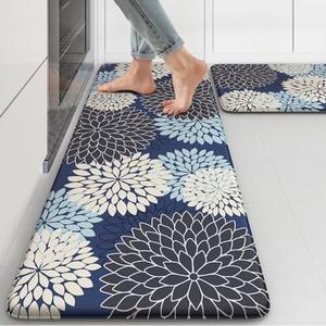 Collive Anti Fatigue Kitchen Mats 2PCS,Boho Kitchen Rugs Non Slip Rubber Backing,Farmhouse Waterproof Kitchen Mat for Floor,Cushioned Standing Mat for Kitchen,Laundry,Sink,Desk,Mutil-Blue