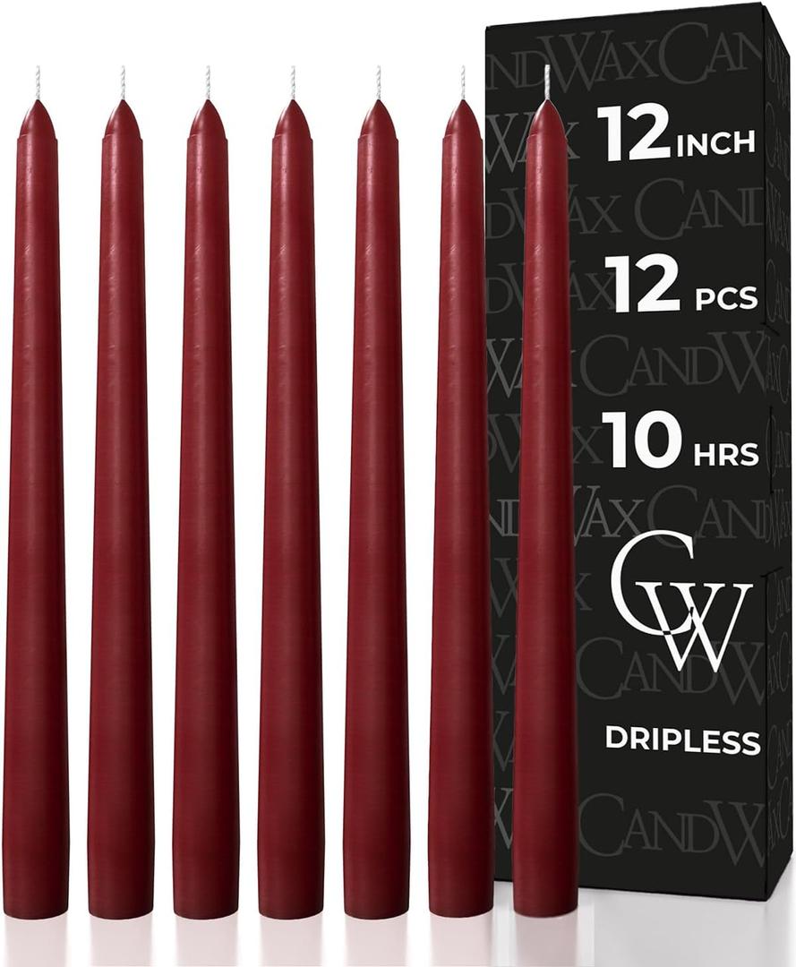 CANDWAX 12 inch Burgundy Taper Candle Set of 12 - Unscented Smokeless Dripless Candlesticks - Candle Sticks for Christmas Decorations, Party Dcor, Dinner Table Centerpieces - Burgundy Tapers