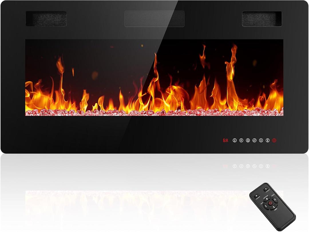 Electactic Electric Fireplace 36 inch, Recessed and Wall Mounted Electric Fireplace with Remote Control, Fireplace Heater, Linear Fireplace with Timer, Adjustable Flame Color, 750w/1500w, Black