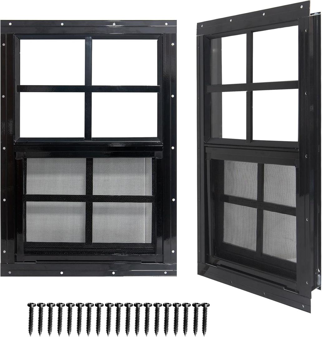 Yuzzy 24" x 36" Shed Windows with Tempered Glass and Fiberglass Screen, 2 Pack Small Sliding Windows for Shed, Chicken Coop, Playhouse, Household, Garage, Barns (Black)