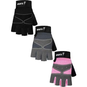 SATINIOR 3 Pairs Kids Half Finger Gloves Kids Bike Gloves Non Slip Gel Biking Adjustable Gymnastics Glove for Girls Boys(Normal Style,7-13 Years)