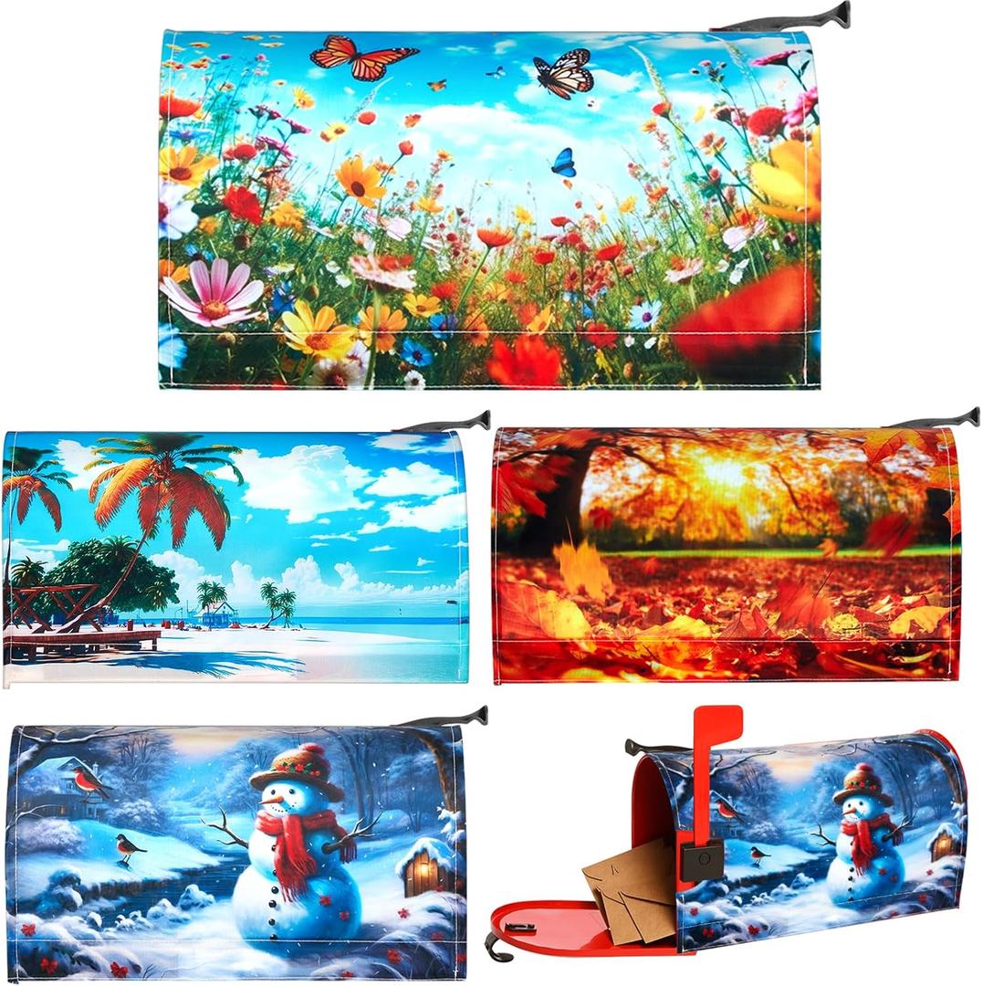 4 Pcs Seasonal Mailbox Covers Magnetic Standard Size 21 x 18 Inches Summer Autumn Winter Spring Mailbox Covers Waterproof for Outdoor Yard Home Garden Decoration (Realistic)