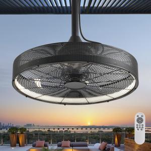 Outdoor Ceiling Fans with Lights,Hanging Hook Ceiling Fan with Remote, Plug in Ceiling Fan with 3-Color Dimming, 6-Speed for Patio,Gazebo,Garage,Pergola,Black