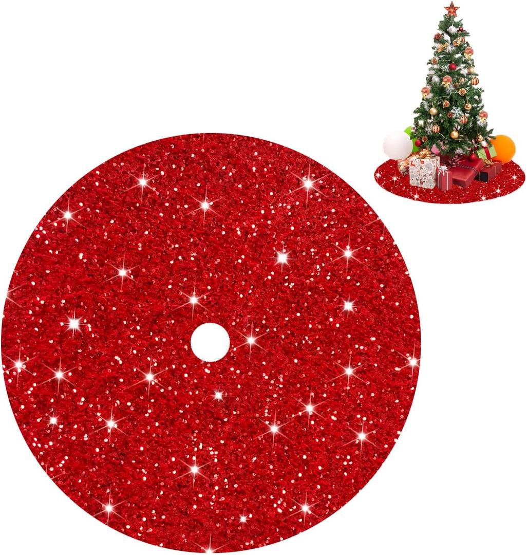 FUHSY Red Tree Skirts Christmas Sequined Tree Decorations 36 Inches Diameter Velvet Fabric Glitter Embroidered and Sequined Tree Cover Skirts Soft Shimmer Tree Mat for All Occasions