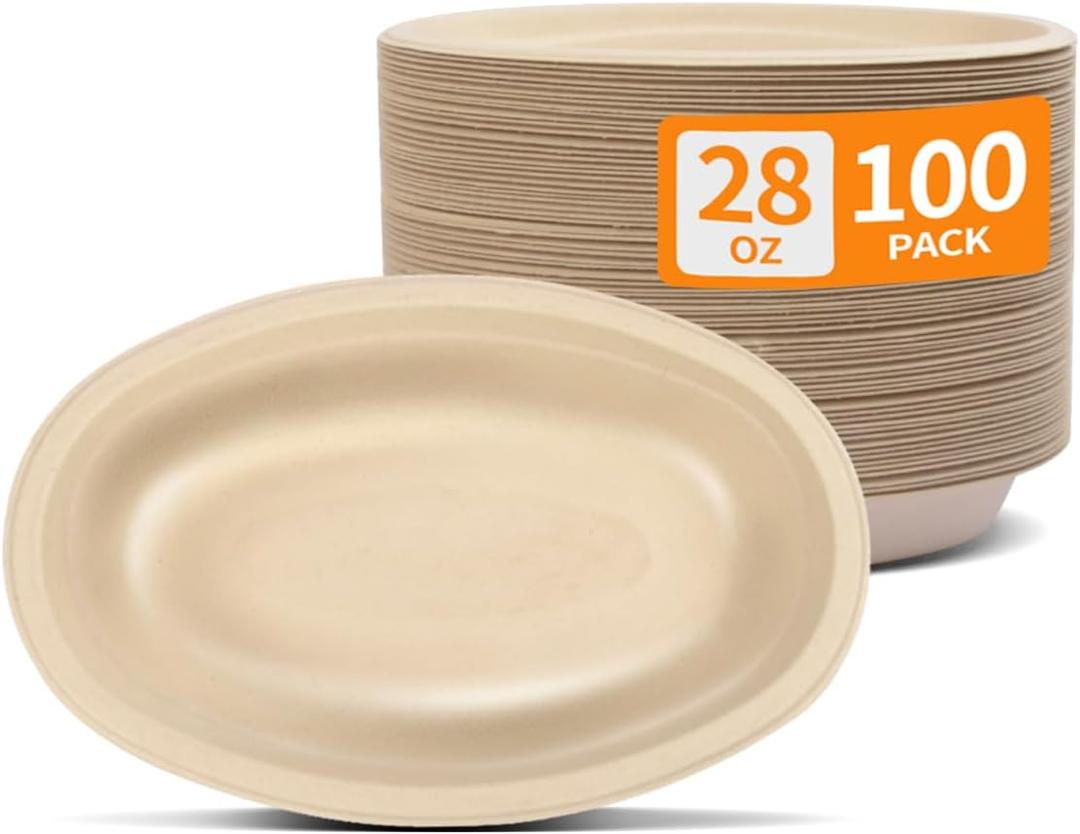 Celel 100 Pack 28 oz Oval Paper Bowls, PFAS-Free Disposable Oval Bowls for Nacho, Burrito, Taco Salads and Baked Potato, Mexican Party and Taco Bar Supplies