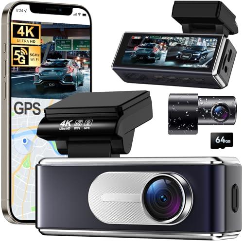 Csyibeielec Dash Cam Front and Rear - 4K HD Dual Dash Camera for Cars, Built-in 5G WiFi GPS, 64GB Card, Dashcam with 3.2" IPS Screen, UHD Night Vision, HDR, App Control, 24H Parking Monitor