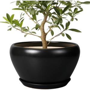 Ceramic Pot for Plants Large - 13 Inch Plant Pot Indoor with Drainage Hole and Saucer Round Planter Decorative Planter Outdoor Flower Pot for House Decor Balcony Black