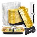 NPLUX 50 Pack Mini Cake Pans with Lids and Spoons Black Gold Rectangular Aluminum Foil Baking Pans Mini Cheesecake Containers Mothers Day Gifts Party Favors(6.8oz)