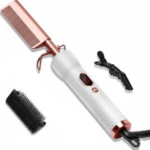 Electric Hot Comb with 12 Temp Settings & LCD Display, Dual Voltage Straightening Comb for Hair, Wigs & Beard, Ceramic Technology with Argan Oil Infusion-Gold