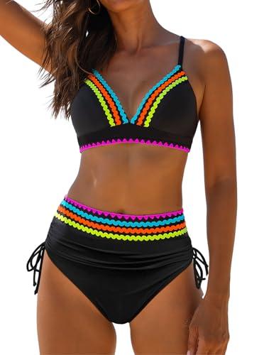 popvil Bikini Set for Women High Waisted Swimsuit Sexy Cheeky Two Piece Neon Bathing Suit 2025, M