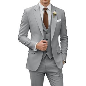 Wangyue 3 Piece Suit Men Slim Fit Wedding Suits for Men Mens Elegant Suits Notch Lapel Blazer Single Breasted Vest and Pants (X-Small, Silver)