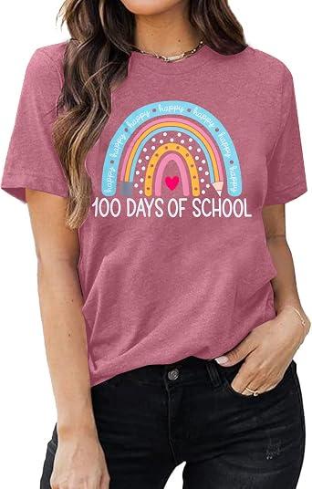 Teacher Shirt Women Rainbow Pencil Teach Graphic Tees Back to School T-Shirt Cute Short Sleeve 100 Days Teacher Gift Tops, 2Xl, Pink