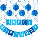 Blue Birthday Decorations Kit - 16-Piece Set with Pre-Strung Happy Birthday Banner, Honeycomb Balls, Garland & Swirls | Blue Theme Party Supplies for Men Boys Kids, Teens Adults