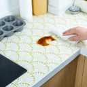 Shelf Liners Non Adhesive Gold Background White Fan-Shaped Pattern Thickened Non Slip Easy to Clean Drawer Liner for Kitchen Cabinets, Tool Box,Refrigerator,with Knife & Tape Measure,12in x 118in