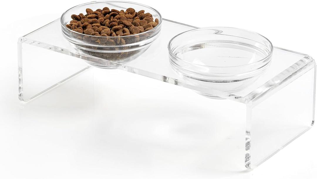 Feoyoho Elevated Acrylic Pet Bowl Stand Raised Cat & Dog Bowls with 2 Glass & 2 Stainless Steel Bowls, Modern Clear Design, Non-Slip, Easy to Clean, Perfect for Small Pets, 3.75" Tall,Small: 3.75'' Height, 13.7 oz Glass Bowl