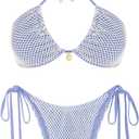 seamoly Women's Bikini Sets Halter Fishnet Shell Decorated Two Piece Swimsuit Sexy Side Tie Thong Bandeau Bathing Suits (XS)