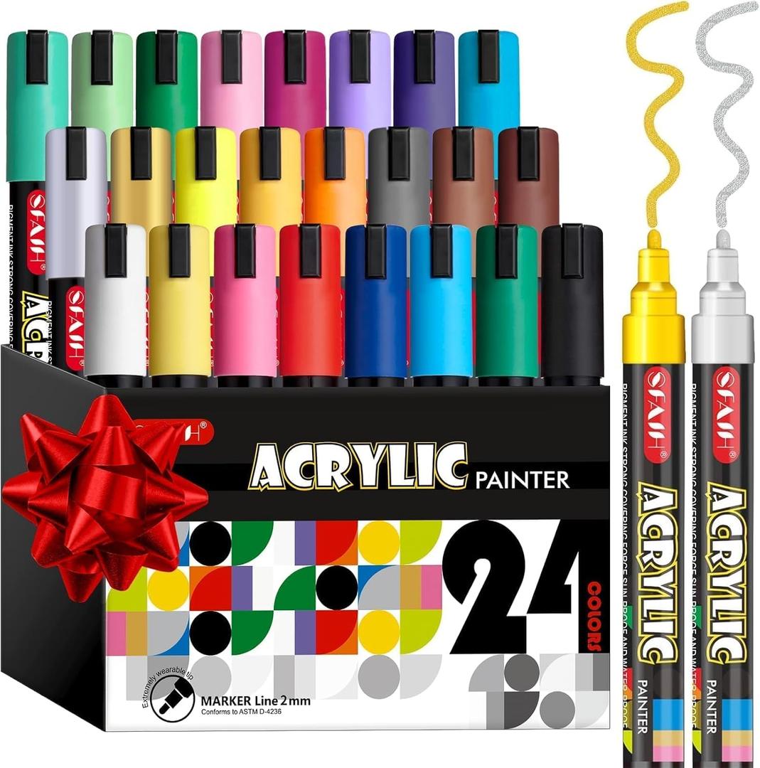 SFAIH Acrylic Creative Markers - 3mm Replaceable Nibs 24 Colors, Large Ink Capacity, Ultra-High Coverage, Non-Bleeding Water-Based Ink, Drawing Markers for Art Supplies, Wood, Fabric, Rock Painting
