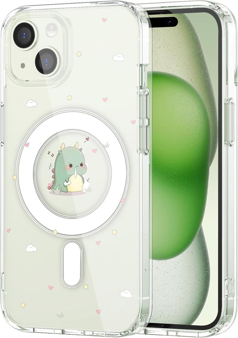 MAYCARI for iPhone 15 Pro Max Case Compatible with MagSafe, Magnetic Cute Dinosaur Design Clear Phone Cover for Girls Women Soft TPU Hard Back Shockproof Protective Case for iPhone 15 Pro Max 6.7"