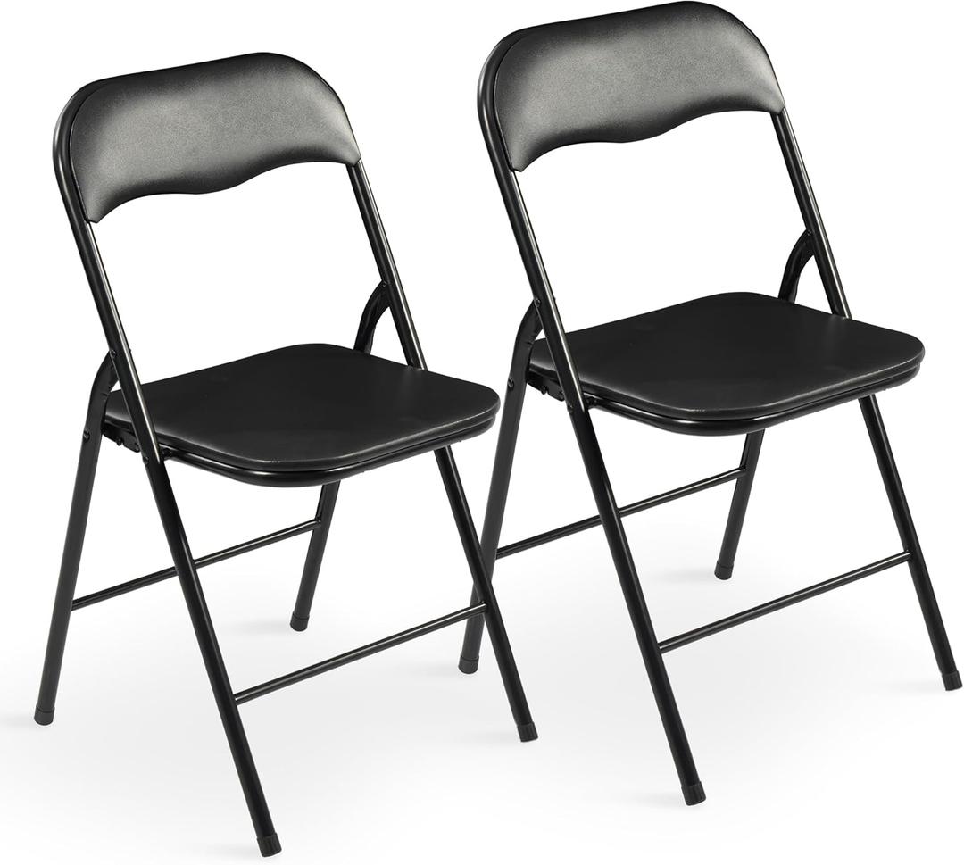 Elevon Folding Chairs 2 Pack, Padded Vinyl Cushion Chairs with Sturdy Metal Frame for for Home and Office, for Indoor and Outdoor Events, 300lb Capacity, Black