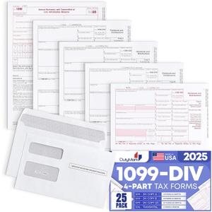 1099 DIV Forms 2025, 4 Part 25 Pack of Dividend Income and Distribution IRS Forms 2025, with Self-Seal Envelopes in Value Pack Compatible with QB and Accounting Software