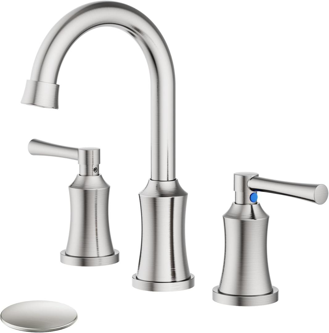 Bathroom Faucet 3 Hole, 8 Inch Widespread Bathroom Faucets with Pop-up Drain and Supply Line, Bathroom Sink Faucet for Sink, Vanity, RV, Brushed Nickel