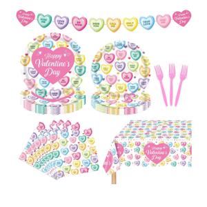 HOWAF 129Pcs Valentine's Day Candy Heart Disposable Dinnerware Set, Colorful Conversation Heart Candy Party Tableware Decoration for Happy Valentines Day Party Decoration Supplies, Serves 16