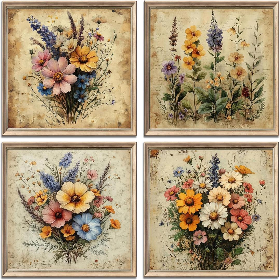 4Pcs Vintage Floral Wall Art Retro Botanical Wildflower Painting Picture Wall Decor Wildflower Botanical Picture Poster Print Artwork for Wall Living Room Bathroom Bedroom Home Decoration Unframed (16"Lx16"W)