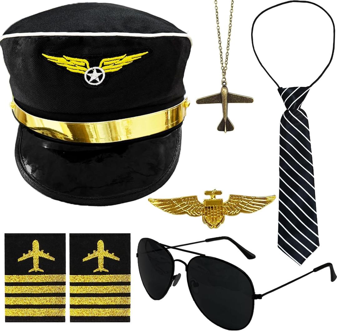 6 Pcs Airline Pilot Captain Costume Kit with Aviator Sunglasses,Airline Pilot Captain Hat Costume Accessories for Halloween Party Cosplay Supplies