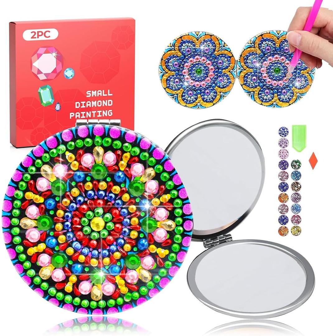 3 x CharySim 2 PC Diamond Art Compact Mirror Kits for Teen Girl Adults Women with Painting and Crafts Kits for Girls 8 12 Kids Old Ages 7 9 10 11 13 14 Year Birthday Gift(Mandala Pink)