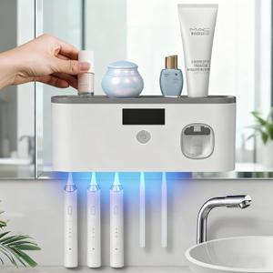 Toothbrush Holders for Bathrooms, Toothbrush Holder Wall Mounted with Toothpaste Dispenser Bathroom Solar Charging and No Drilling Required Tooth Brush Holder with 5 Brush SlotsGray (White-graytop)