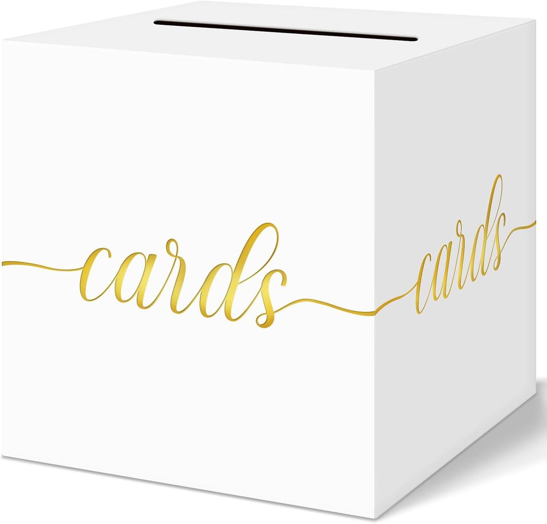 QIKSION White Wedding Card Box, Gold Foil Gift Card Box for Party, Wedding Reception, Birthday, Graduation Decorations, Baby & Bridal Shower, Anniversary, Retirement