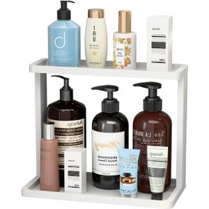 PEKER Bamboo Bathroom Organizer Countertop  Small Vanity Storage Shelf for Makeup, Perfume, Skincare  Natural Cosmetics Display Rack for Dresser, Sink, Kitchen White