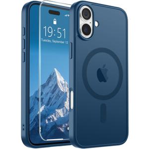 SUPFINE Magnetic for iPhone 16 Case with Screen Protector (Compatible with MagSafe) (Military Grade Drop Protection) Translucent Matte Shockproof with Anti-Fingerprint Phone Case,Deep Blue