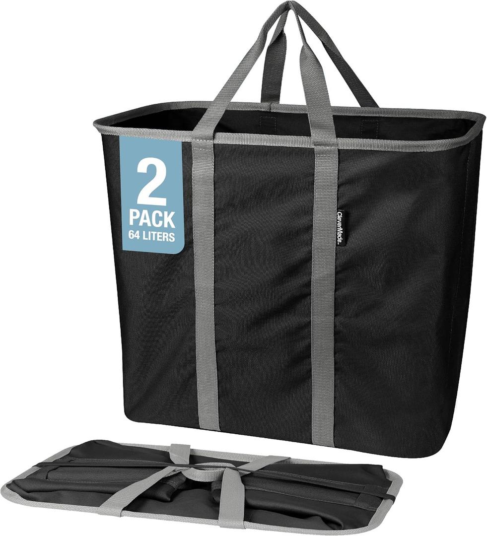 CleverMade Collapsible Laundry Caddy - Midnight Black Shadow Gray 2Pack 64L - Foldable Storage Organization Container for Clothes Laundry Room Storage