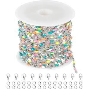 UMAOKANG 16.4 Feet Stainless Steel Chain for Jewelry Making Dainty Chain Necklace for Women Colorful Enamel Link Chain with Jump Rings and Lobster Clasps (Steel-Multicolored 1(yellow blue))