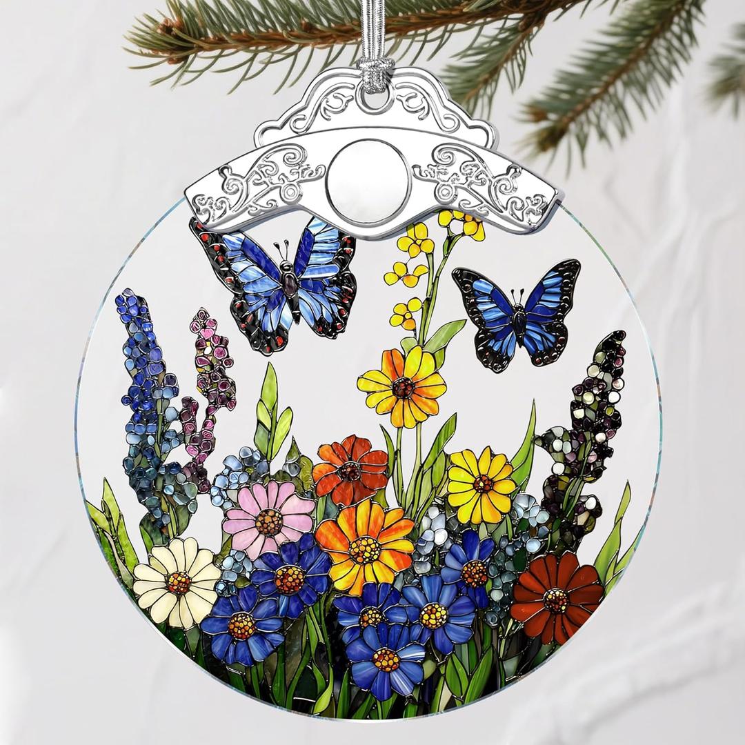 Stained Glass Butterfly-Flower Christmas Ornament: Christmas Tree Ornaments & Decor, Holiday Decor  Holiday Presents, Gift Ideas & Gifts for Friends, Coworker, and Family