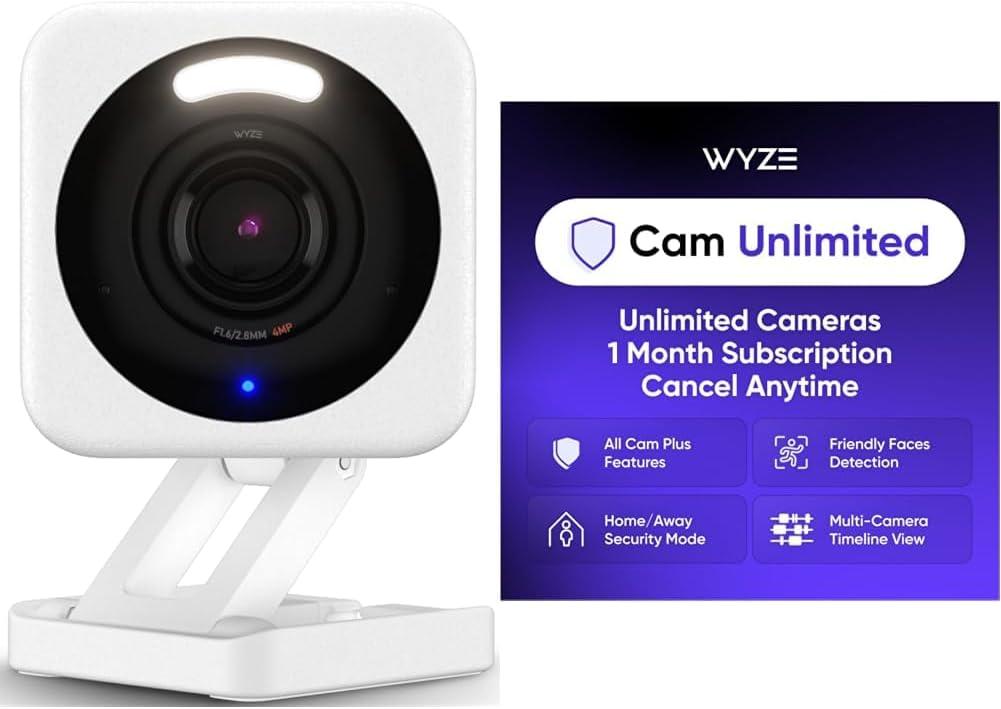 WYZE Cam v4 White 2-Pack Cam Unlimited Monthly, Covers Unlimited Cameras, Auto-Renews at $9.99/Month, Activation Required, Cancel Anytime (White)