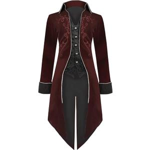 Medieval Steampunk Tailcoat Halloween Costumes for Men, Renaissance Pirate Vampire Gothic Jackets Vintage Warlock Frock Coat (Medium, Red)
