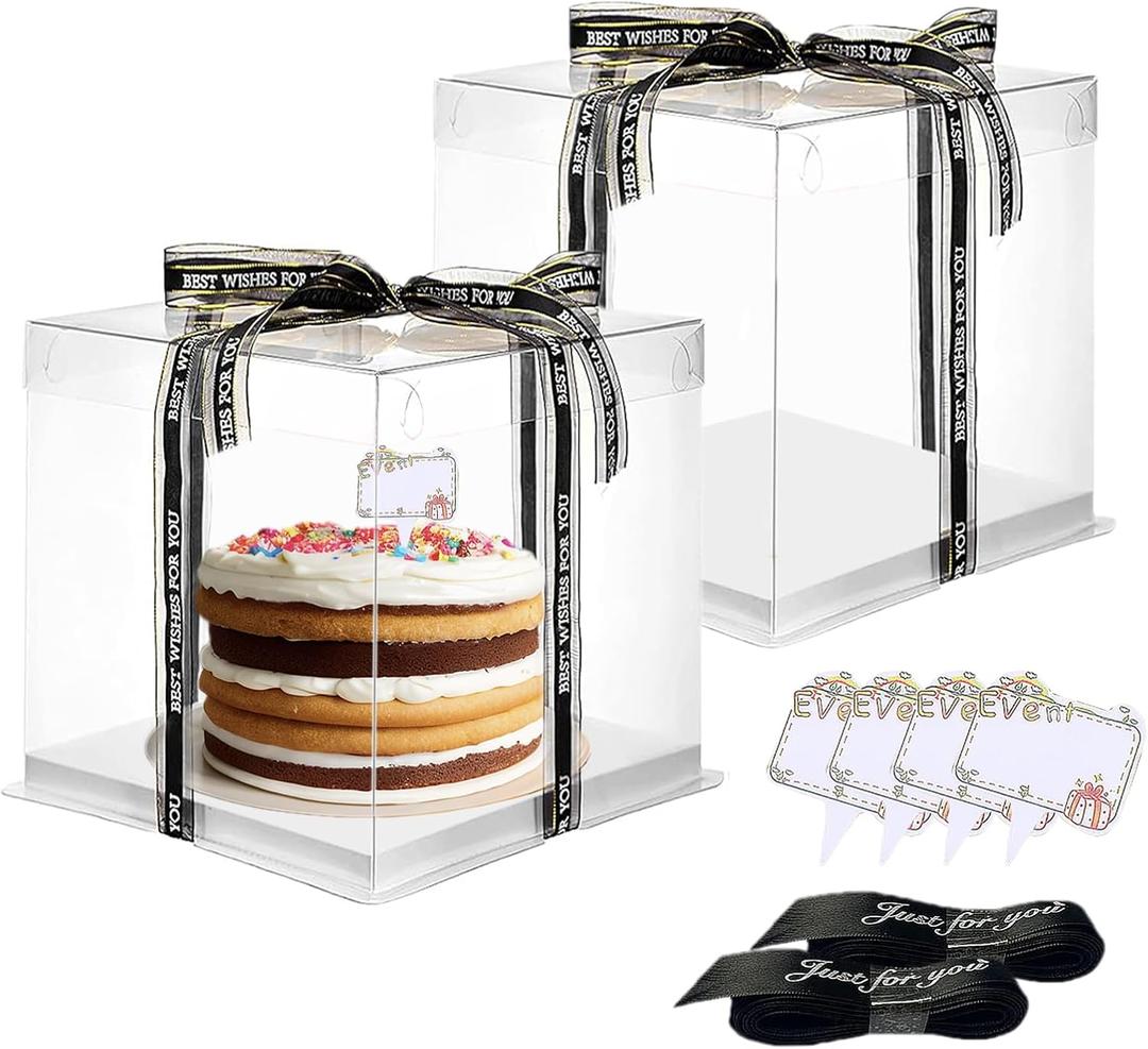 Clear Cake Box, 2 Pcs Transparent Cake Carrier Box with Lids, 8'' PET Cake Packaging Boxes with Ribbon Gift Card for Pastries, Clear Gift Boxes for Birthday, Wedding and Festival Party, White