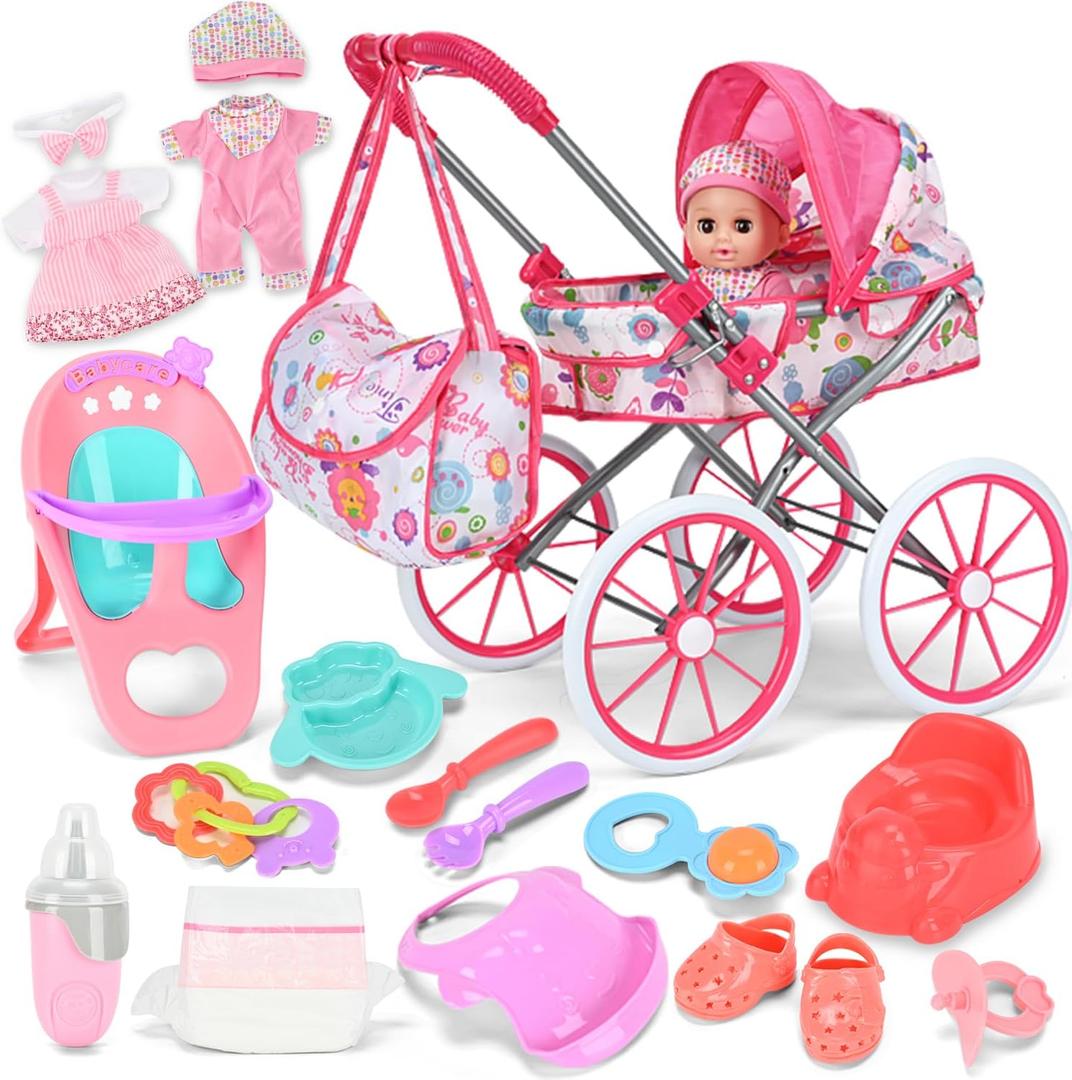 Baby Doll Stroller Toy Set with 12.5'' Doll and Accessories- 2 Doll Clothes, Diaper, Dining Chair, Pacifier, Storage Bag, Baby Doll Stroller Toys for Girls Toddlers 3-5 4-6 5-7 Gifts for Pretend Play
