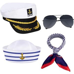 4PCS Yacht Captain Hat Sailor Hat Sunglasses Sailor Ship Cap Scarf Cap, Boat Captain Hat Accessories for Women Men Party Dress Up