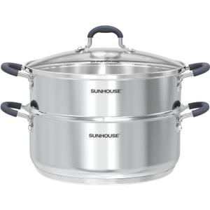 SUNHOUSE - 5.5 Quart Steamer Pots With Lid 2-Tier Multipurpose Stainless Steel Steaming Pot Cookware With Handle For Vegetable, Dumpling, Sauce, Food - Triple Bottom, Measurement Line