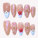 Handmade Press on Nails  Medium Almond,Artificial Acrylic Nails Blue French Tips Stick on Nails 3D Pearl Fake Fingernail Summer False Nails for Women Manicure 10 Pcs (Size M)