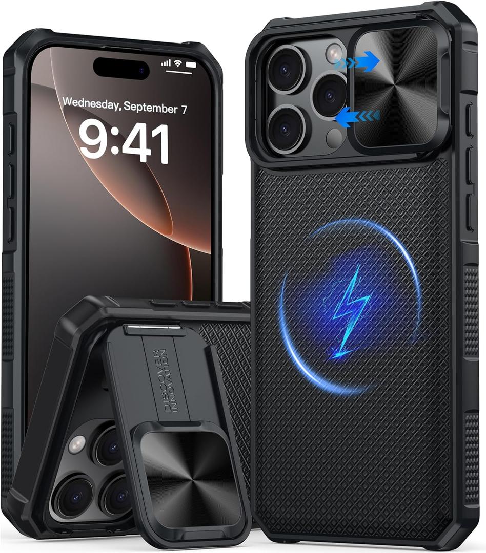 Magnetic for iPhone 16 Pro Max Case,[Compatible with Magsafe][Slide Camera Cover][Kickstand][Military Grade Protection] Shockproof Rugged Case for iPhone 16 Pro Max,Black