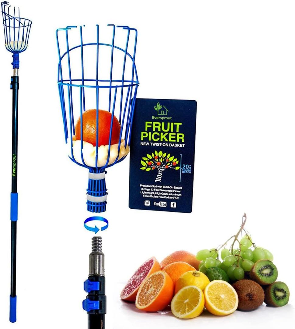 EVERSPROUT 4.5-to-12ft Durable Fruit Picker with 20+ Foot Reach  Telescoping Fruit Picker Pole, Lightweight Twist-On Fruit Picking Tool with Basket, Aluminium Extension Pole for Tree Fruit Harvesting