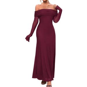 KUTUMAI Women Off Shoulder Bodycon Maxi Dress Long Sleeve Mesh Ruched Party Formal Wedding Guest Dresses Burgundy, Medium