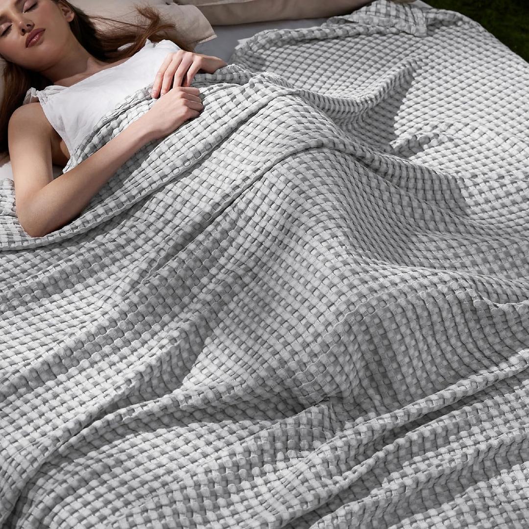 Bedsure Cooling Cotton Waffle Full Size Blanket - Lightweight Breathable Blanket of Rayon Derived from Bamboo for Hot Sleepers, Luxury Throws for Bed, Couch and Sofa, Grey, 80x90 Inches