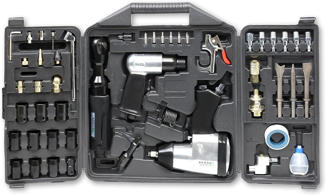50 Pieces Air Tool Kit. 1-1/2'' Impact Wrench, 1-3/8'' Ratchet Wrench, 5-Air Hammer w/Chisels, and other great tool accessories. D-W3-50K